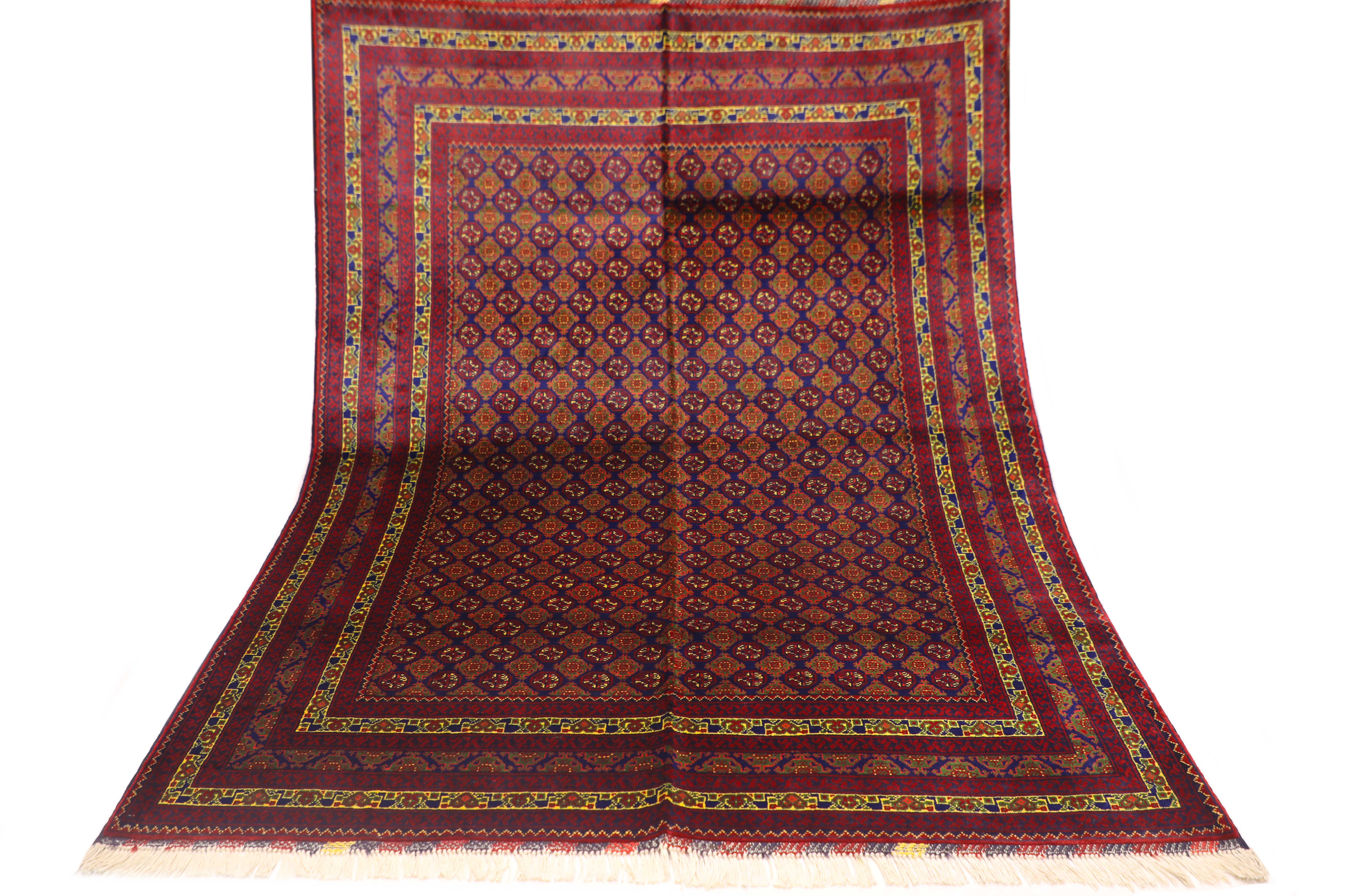 Authentic Afghan Rug – Afghan Turkman Rug – Mowri Gol, Dark Blue & Red, Hand-Knotted Wool (TUK-AF-2X1.5-023)