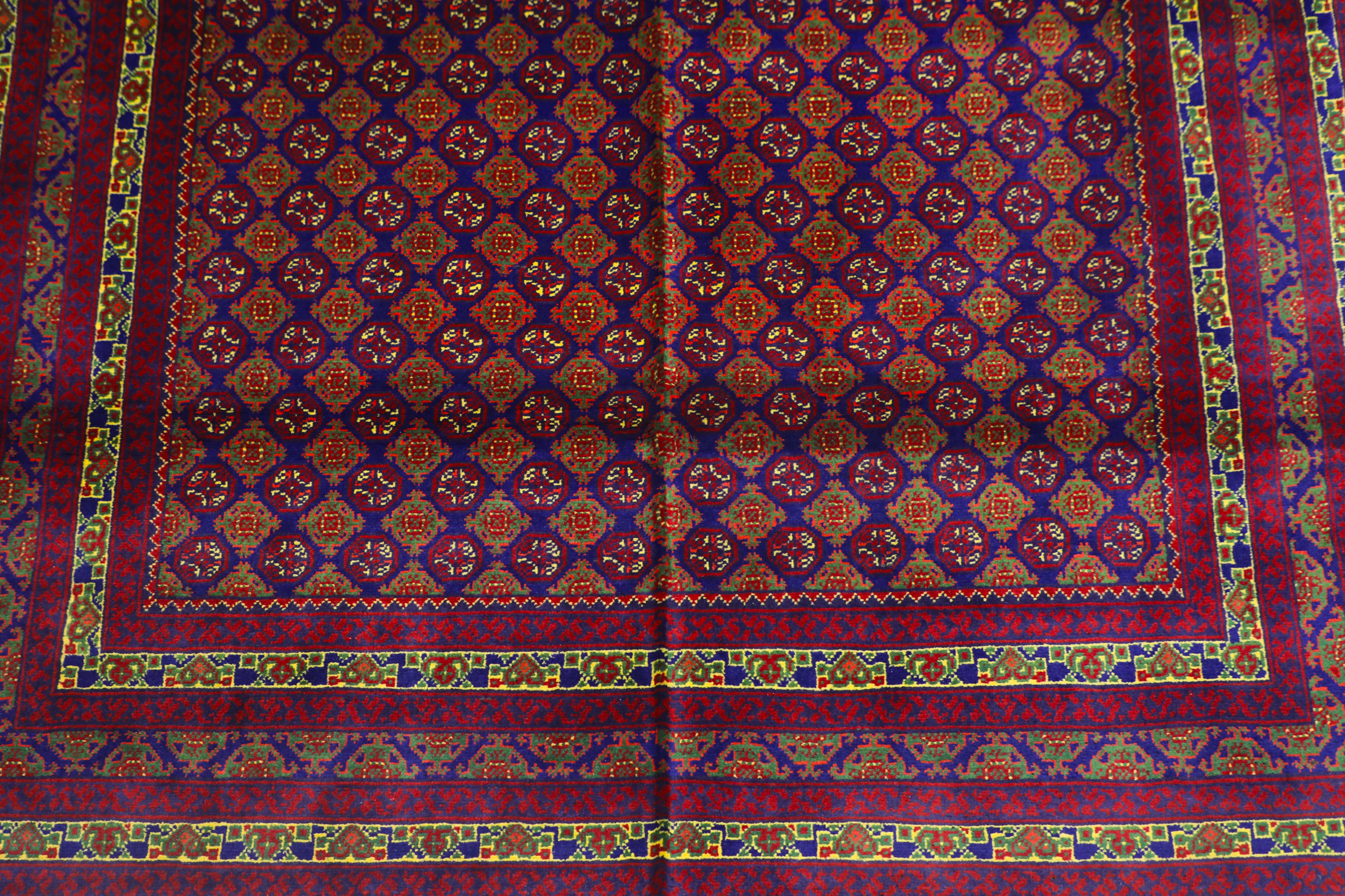 Authentic Afghan Rug – Afghan Turkman Rug – Mowri Gol, Dark Blue & Red, Hand-Knotted Wool (TUK-AF-2X1.5-023)