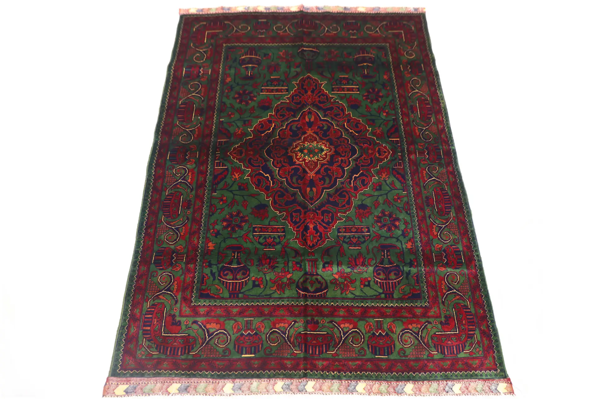 Authentic Afghan Andkhoy Turkmen Rug 2x1.5 m – Green Vintage Hand-Knotted Wool Carpet (TUk-AF-2X1.5-002)