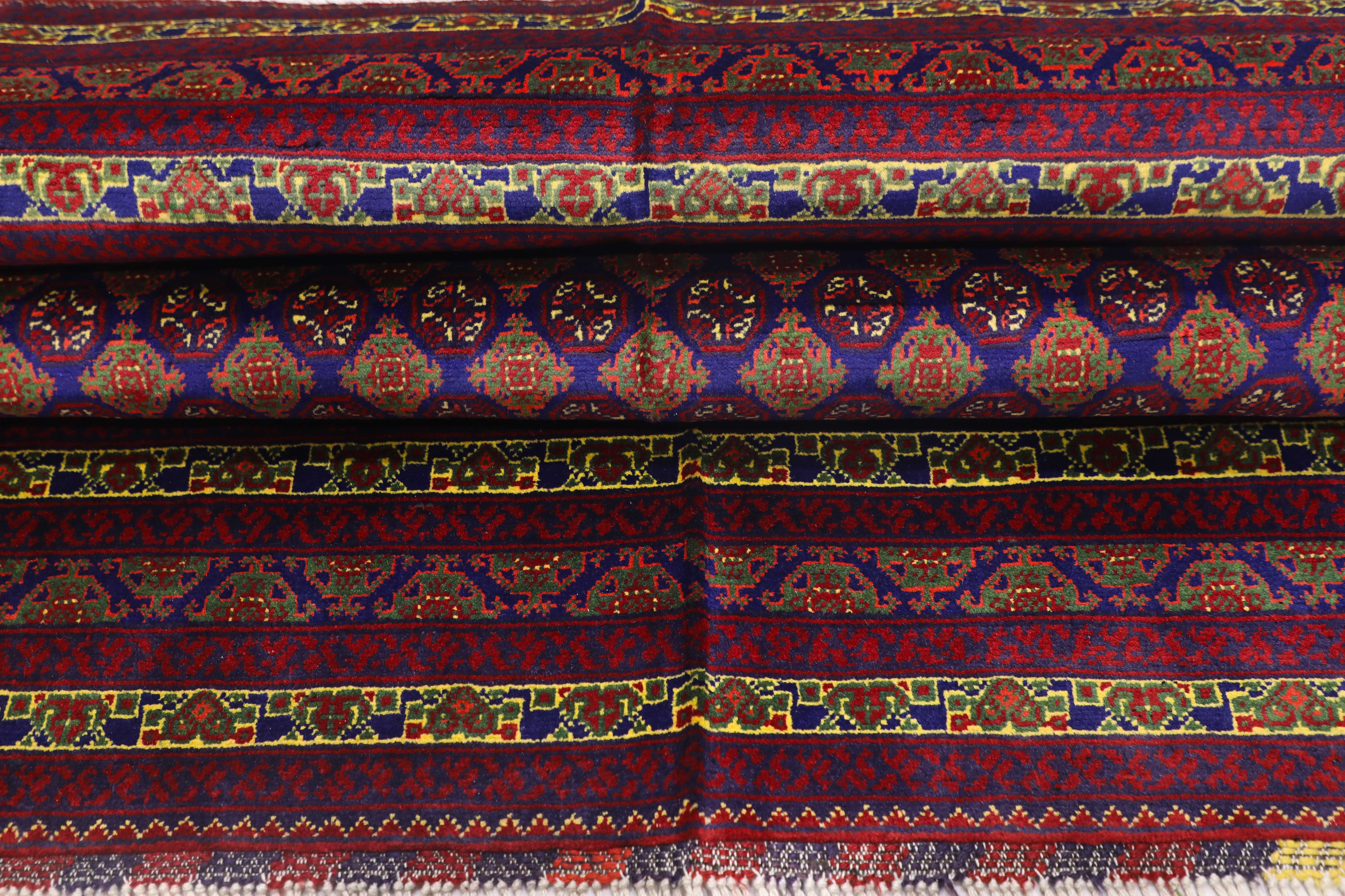 Authentic Afghan Rug – Afghan Turkman Rug – Mowri Gol, Dark Blue & Red, Hand-Knotted Wool (TUK-AF-2X1.5-023)