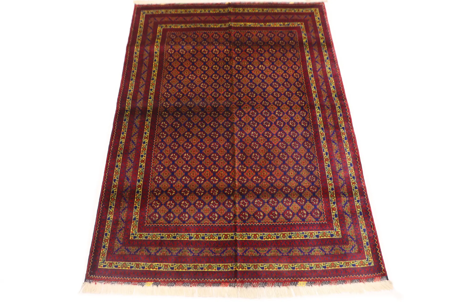 Authentic Afghan Rug – Afghan Turkman Rug – Mowri Gol, Dark Blue & Red, Hand-Knotted Wool (TUK-AF-2X1.5-023)