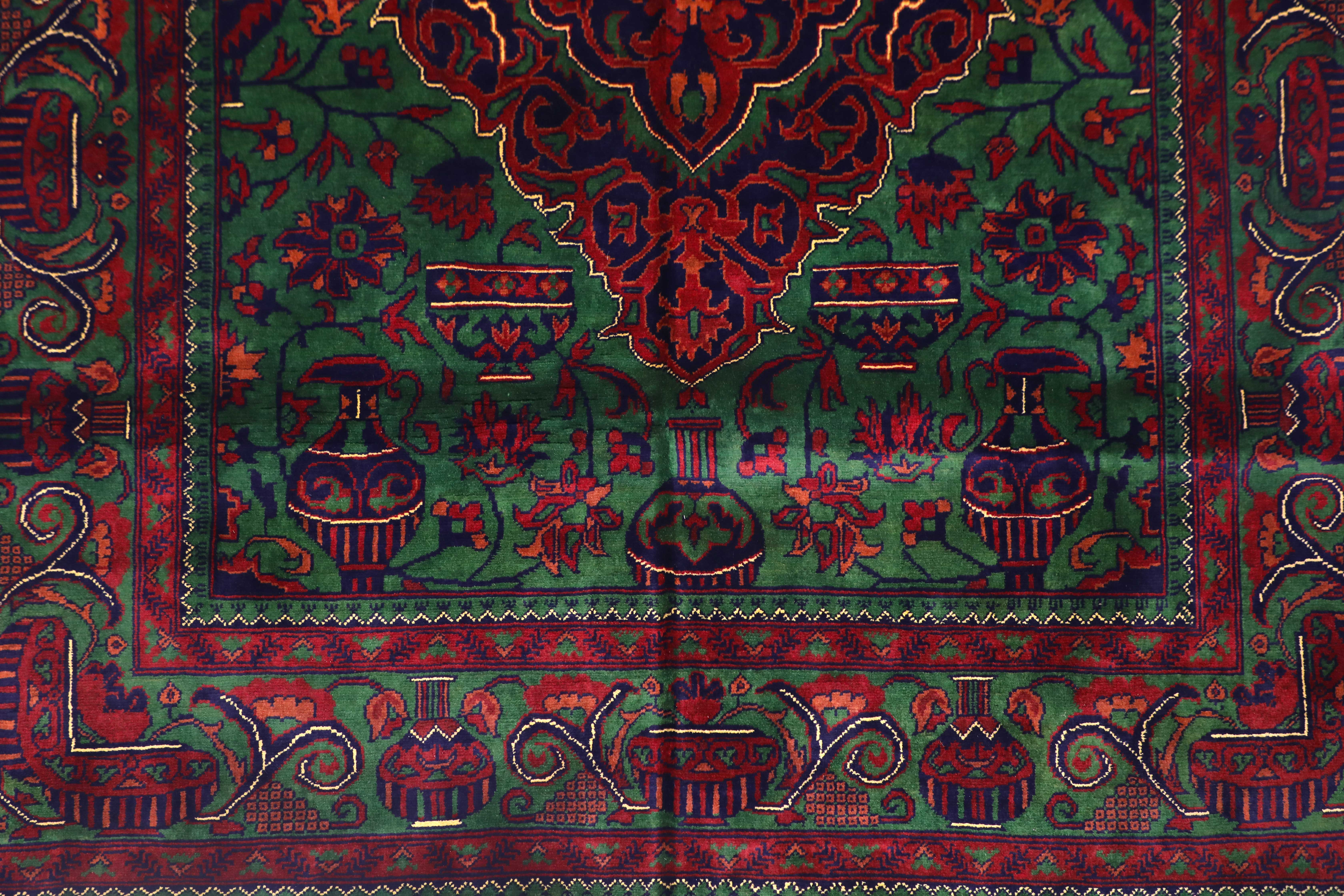 Authentic Afghan Andkhoy Turkmen Rug 2x1.5 m – Green Vintage Hand-Knotted Wool Carpet (TUk-AF-2X1.5-002)