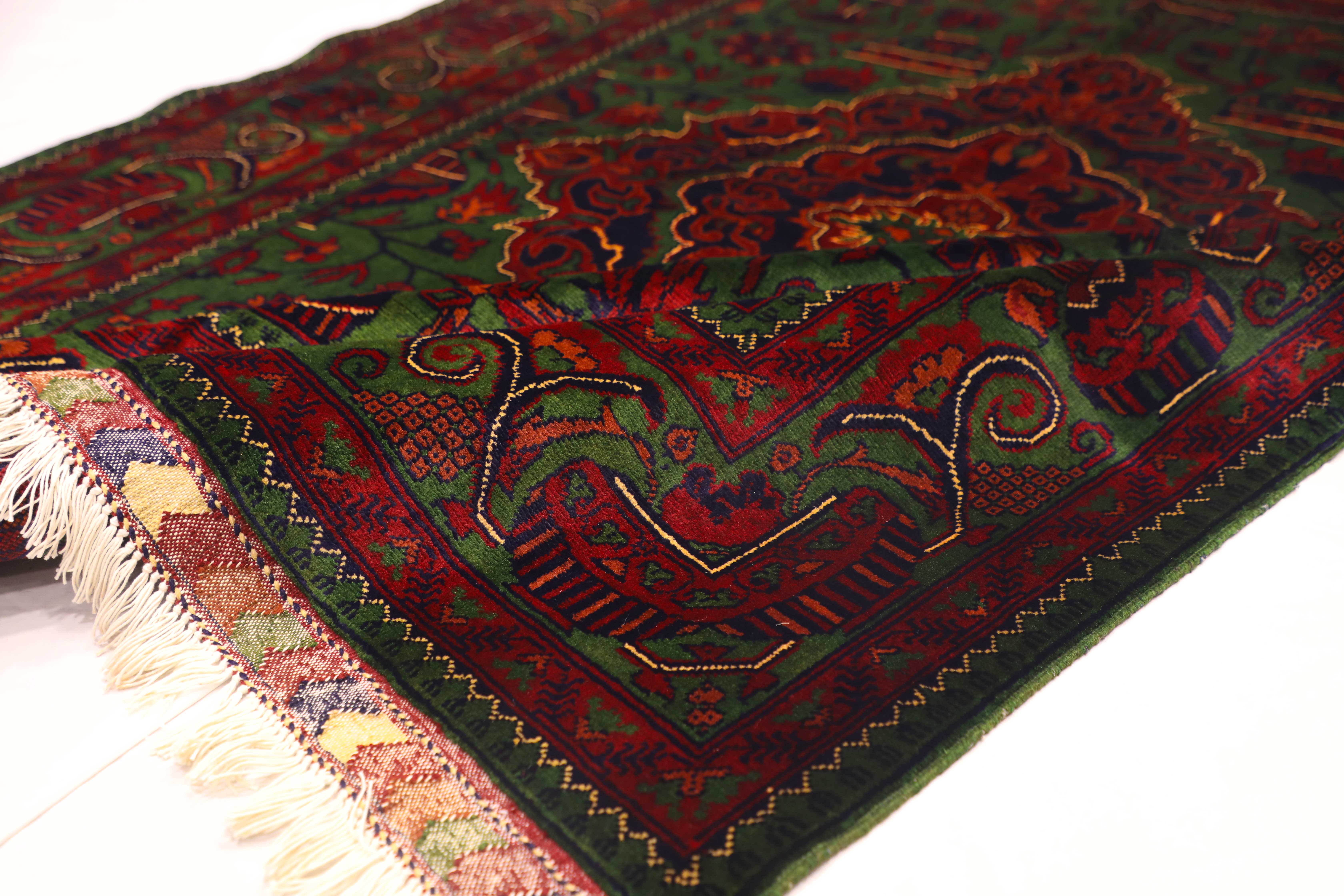 Authentic Afghan Andkhoy Turkmen Rug 2x1.5 m – Green Vintage Hand-Knotted Wool Carpet (TUk-AF-2X1.5-002)