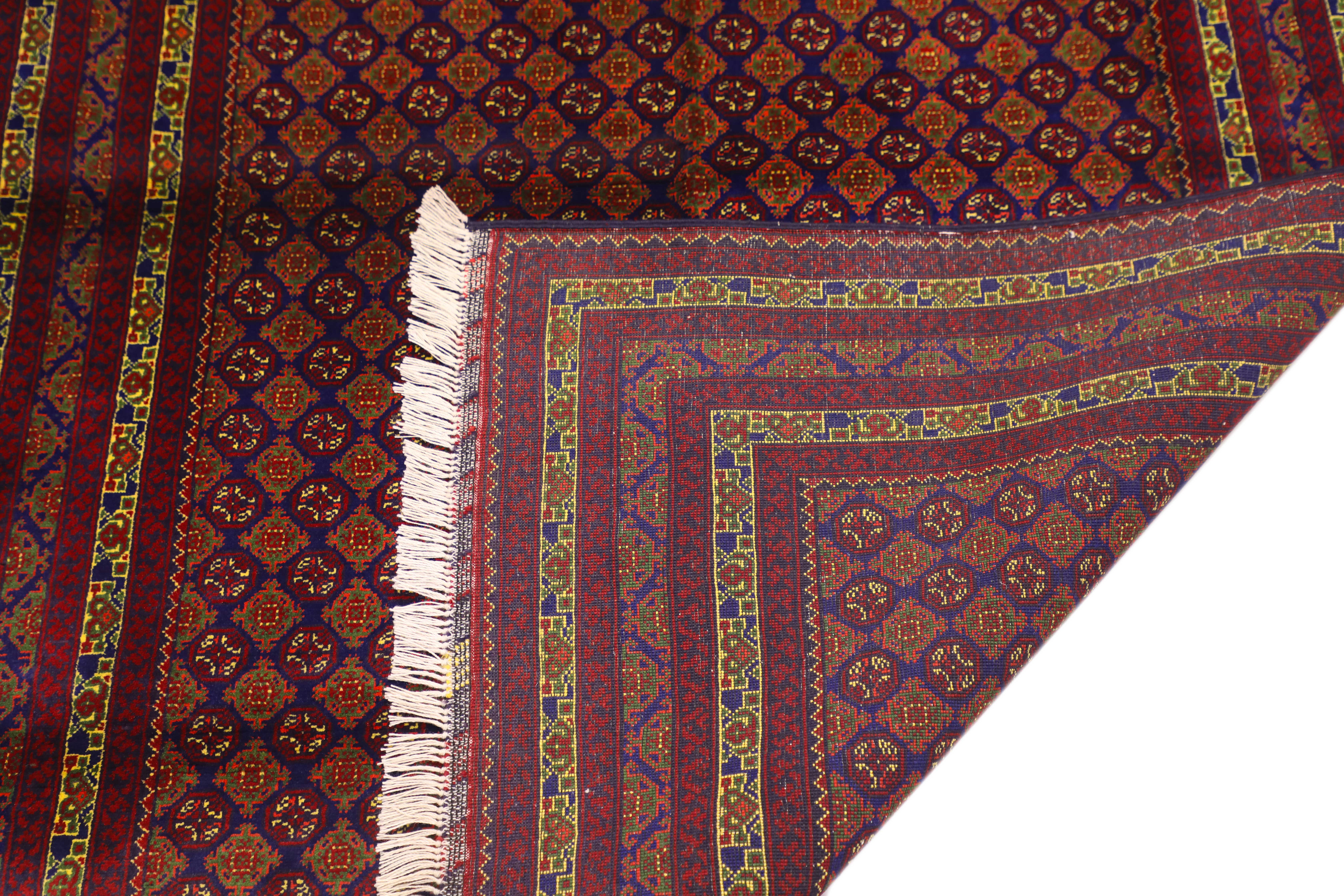 Authentic Afghan Rug – Afghan Turkman Rug – Mowri Gol, Dark Blue & Red, Hand-Knotted Wool (TUK-AF-2X1.5-023)